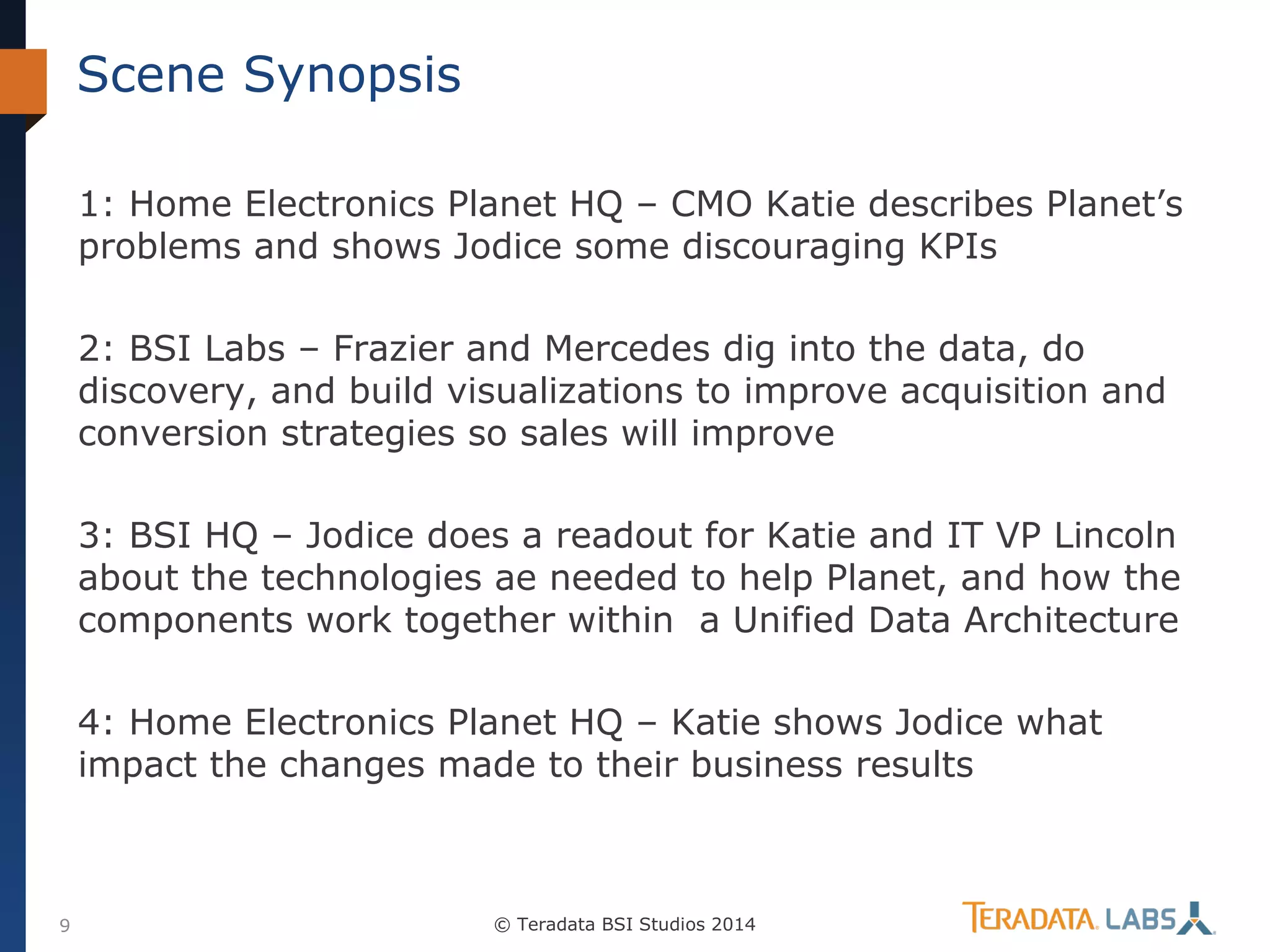 Scene Synopsis
1: Home Electronics Planet HQ – CMO Katie describes Planet’s
problems and shows Jodice some discouraging KPIs
2: BSI Labs – Frazier and Mercedes dig into the data, do
discovery, and build visualizations to improve acquisition and
conversion strategies so sales will improve
3: BSI HQ – Jodice does a readout for Katie and IT VP Lincoln
about the technologies ae needed to help Planet, and how the
components work together within a Unified Data Architecture
4: Home Electronics Planet HQ – Katie shows Jodice what
impact the changes made to their business results

9

© Teradata BSI Studios 2014

 