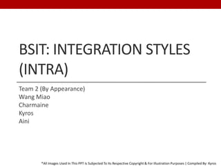 BSIT: Integration Styles (Intra) Team 2 (By Appearance) Wang Miao Charmaine Kyros Aini *All Images Used In This PPT Is Subjected To Its Respective Copyright & For Illustration Purposes | Compiled By: Kyros 