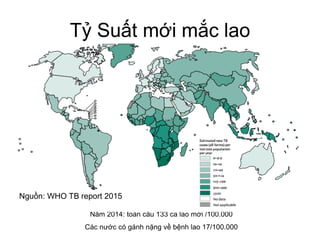 Tỷ Suất mới mắc lao
Năm 2014: toàn cầu 133 ca lao mới /100.000
Các nước có gánh nặng về bệnh lao 17/100.000
Nguồn: WHO TB report 2015
 