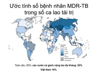 Ước tính số bệnh nhân MDR-TB
trong số ca lao tái trị
Toàn cầu: 20%; các nước có gánh nặng lao đa kháng: 22%
Việt Nam 18%
 
