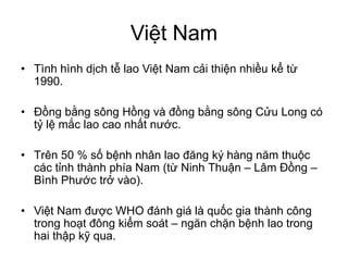 Việt Nam
• Tình hình dịch tễ lao Việt Nam cải thiện nhiều kể từ
1990.
• Đồng bằng sông Hồng và đồng bằng sông Cửu Long có
tỷ lệ mắc lao cao nhất nước.
• Trên 50 % số bệnh nhân lao đăng ký hàng năm thuộc
các tỉnh thành phía Nam (từ Ninh Thuận – Lâm Đồng –
Bình Phước trở vào).
• Việt Nam được WHO đánh giá là quốc gia thành công
trong hoạt đông kiểm soát – ngăn chặn bệnh lao trong
hai thập kỹ qua.
 