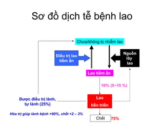 Sơ đồ dịch tễ bệnh lao
Chưa/không bị nhiễm lao
Nguồn
lây
lao
Lao tiềm ẩn
Lao
tiến triển
Được điều trị lành,
tự lành (25%)
Điều trị lao
tiềm ẩn
Chết 75%
10% (5~15 %)
Hóa trị giúp lành bệnh >90%, chết <2 – 3%
 