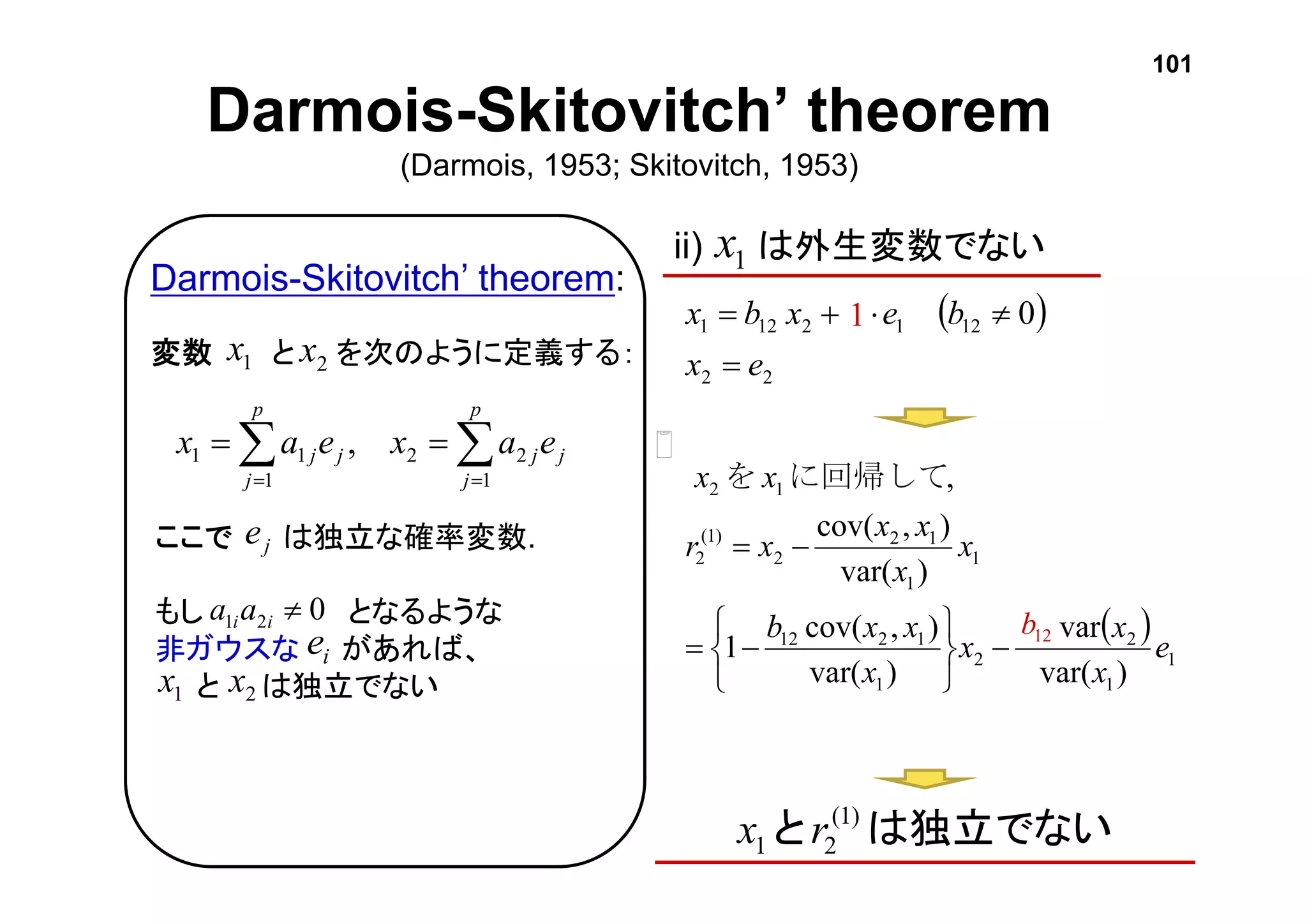  
1
1
2
2
1
1212
1
1
12
2
)1(
2
12
)var(
var
)var(
),cov(
1
)var(
),cov(
,
e
x
x
x
x
xxb
x
x
xx
xr
xx









に回帰してを
 
22
1212121 0
ex
bexbx


Darmois-Skitovitch’ theorem:
変数 と を次のように定義する：
Darmois-Skitovitch’ theorem
(Darmois, 1953; Skitovitch, 1953)
ii) は外生変数でない1x
は独立でないと )1(
21 rx
 

p
j
jj
p
j
jj eaxeax
1
22
1
11 ,
1x
ここで は独立な確率変数.
もし となるような
非ガウスな があれば、
と は独立でない
je
ie
021 iiaa
1x 2x
1
12b
2x
101
 