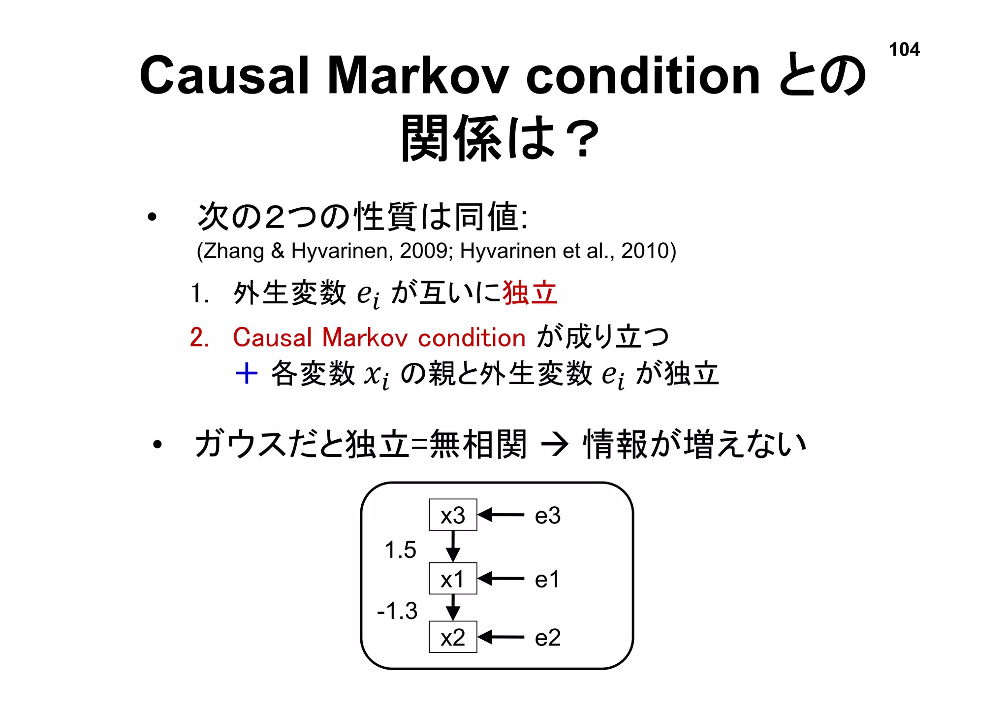 Causal Markov condition との
関係は？
• 次の２つの性質は同値:
(Zhang & Hyvarinen, 2009; Hyvarinen et al., 2010)
1. 外生変数 𝑒𝑖 が互いに独立
2. Causal Markov condition が成り立つ
＋ 各変数 𝑥𝑖 の親と外生変数 𝑒𝑖 が独立
• ガウスだと独立=無相関  情報が増えない
x3
x1
e3
e1
x2 e2
1.5
-1.3
104
 