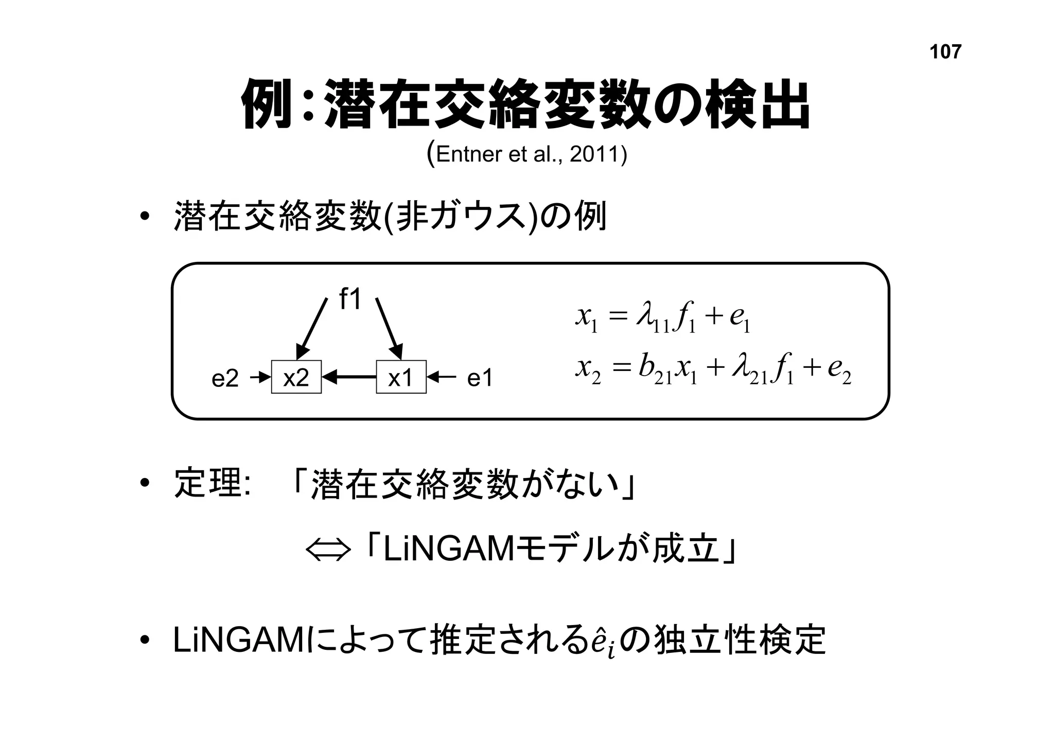 例：潜在交絡変数の検出
(Entner et al., 2011)
• 潜在交絡変数(非ガウス)の例
• 定理:
• LiNGAMによって推定される 𝑒𝑖の独立性検定
107
x2 x1
f1
21211212
11111
efxbx
efx




「潜在交絡変数がない」
「LiNGAMモデルが成立」
e1e2
 
