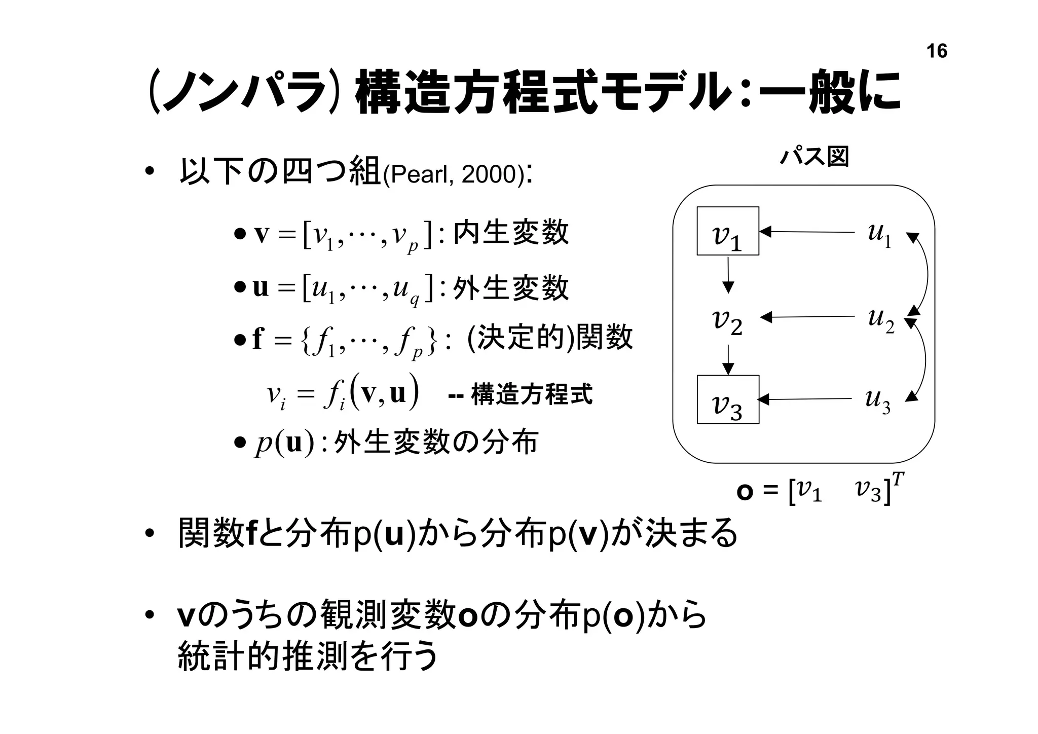 (ノンパラ)構造方程式モデル：一般に
• 以下の四つ組(Pearl, 2000):
• 関数fと分布p(u)から分布p(v)が決まる
• vのうちの観測変数oの分布p(o)から
統計的推測を行う
 
:)(
,
:},,{
:],,[
:],,[
1
1
1
u
uv
f
u
v
p
fv
ff
uu
vv
ii
p
q
p








-- 構造方程式
内生変数
外生変数
(決定的)関数
外生変数の分布
16
𝑣1
𝑣2
パス図
2u
1u
o = [ 𝑣1 𝑣3] 𝑇
𝑣3 3u
 