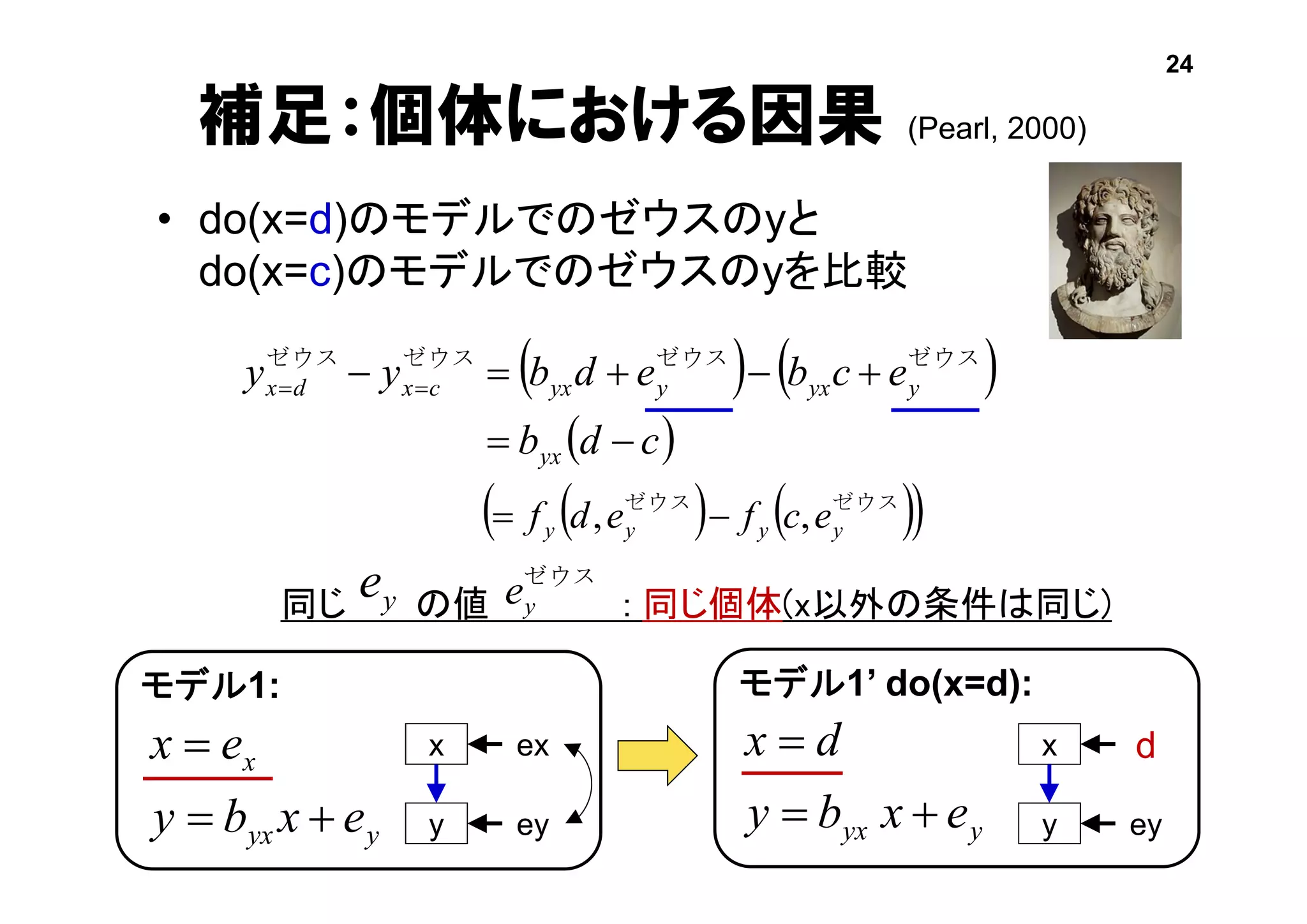 同じ の値 : 同じ個体(x以外の条件は同じ)
補足：個体における因果 (Pearl, 2000)
• do(x=d)のモデルでのゼウスのyと
do(x=c)のモデルでのゼウスのyを比較
   
 cdb
ecbedbyy
yx
yyxyyxcxdx

 
ゼウスゼウスゼウスゼウス
yyx
x
exby
ex


モデル1:
x
y
ex
ey yyx exby
dx


モデル1’ do(x=d):
x
y
d
ey
ye ゼウス
ye
24
    ゼウスゼウス
yyyy ecfedf ,, 
 