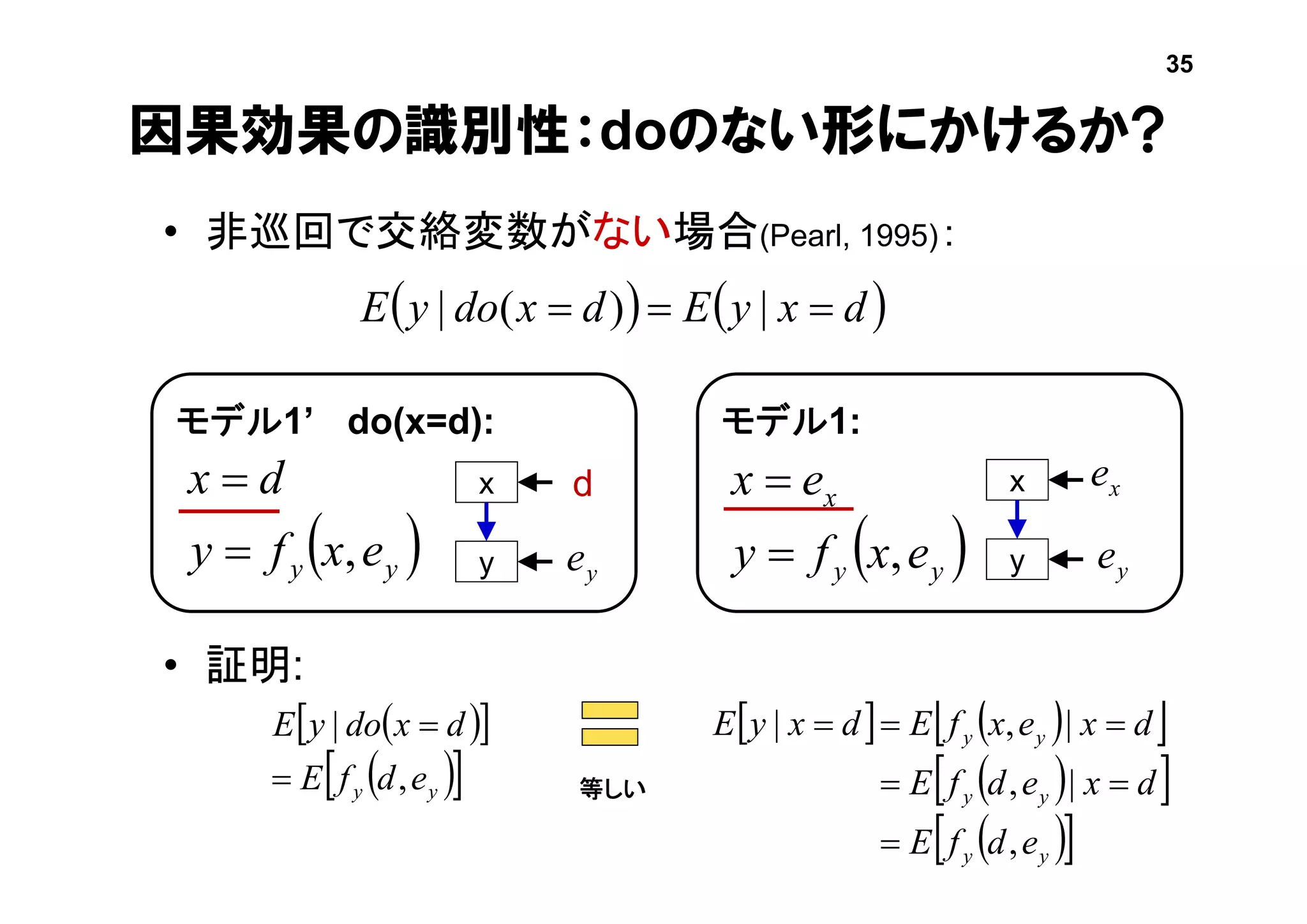 因果効果の識別性：doのない形にかけるか?
• 非巡回で交絡変数がない場合(Pearl, 1995)：
• 証明:
 yy exfy
dx
,

モデル1’ do(x=d):
x
y
d
   dxyEdxdoyE  |)(|
  
  yy edfE
dxdoyE
,
|


等しい
 yy
x
exfy
ex
,

モデル1:
x
y
35
ye ye
xe
    
  
  yy
yy
yy
edfE
dxedfE
dxexfEdxyE
,
|,
|,|



 