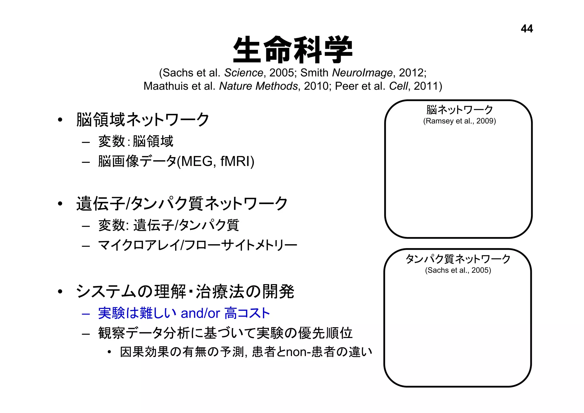 生命科学
(Sachs et al. Science, 2005; Smith NeuroImage, 2012;
Maathuis et al. Nature Methods, 2010; Peer et al. Cell, 2011)
• 脳領域ネットワーク
– 変数：脳領域
– 脳画像データ(MEG, fMRI)
• 遺伝子/タンパク質ネットワーク
– 変数: 遺伝子/タンパク質
– マイクロアレイ/フローサイトメトリー
• システムの理解・治療法の開発
– 実験は難しい and/or 高コスト
– 観察データ分析に基づいて実験の優先順位
• 因果効果の有無の予測, 患者とnon-患者の違い
44
脳ネットワーク
(Ramsey et al., 2009)
タンパク質ネットワーク
(Sachs et al., 2005)
 