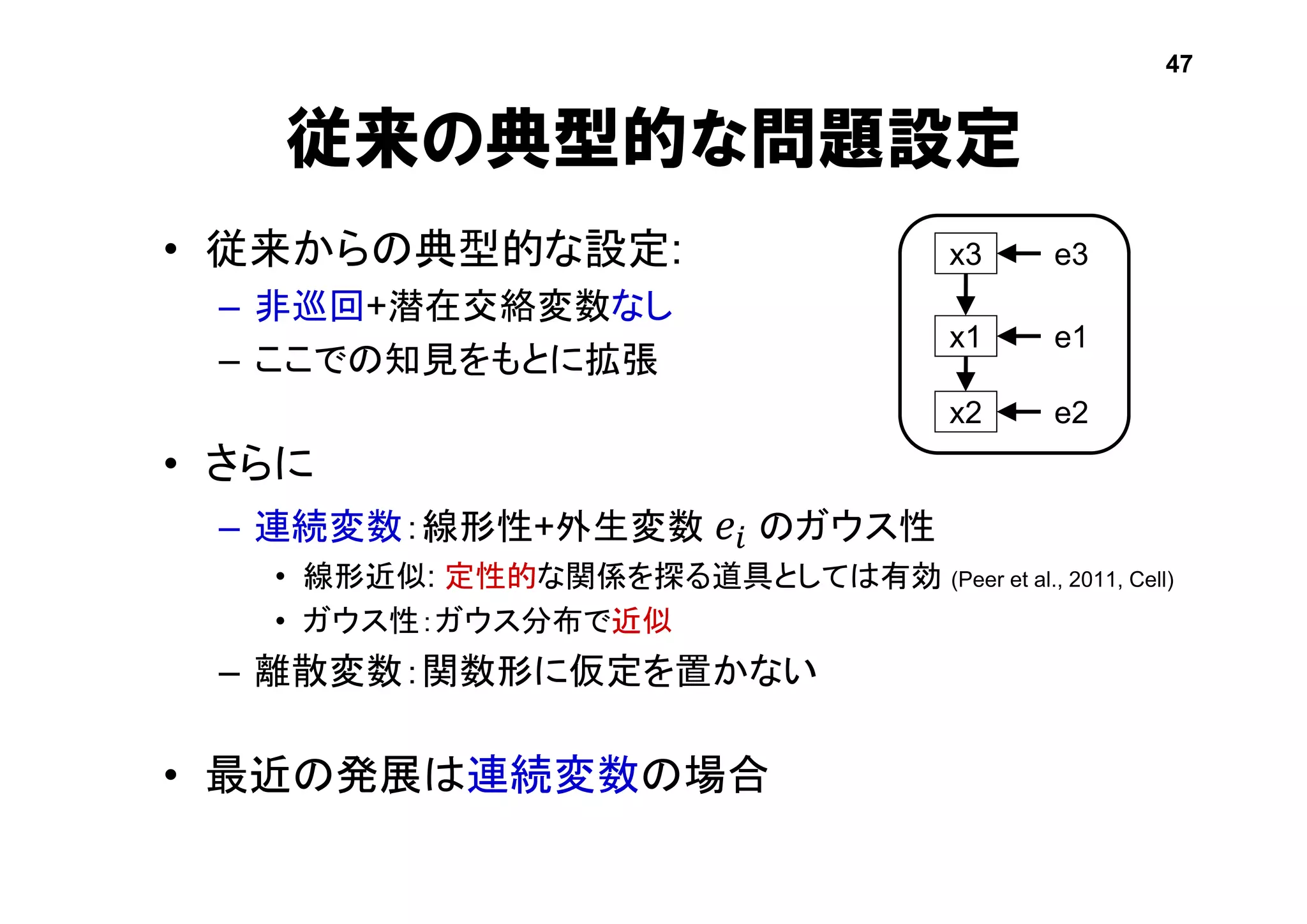 従来の典型的な問題設定
• 従来からの典型的な設定:
– 非巡回+潜在交絡変数なし
– ここでの知見をもとに拡張
• さらに
– 連続変数：線形性+外生変数 𝑒𝑖 のガウス性
• 線形近似: 定性的な関係を探る道具としては有効 (Peer et al., 2011, Cell)
• ガウス性：ガウス分布で近似
– 離散変数：関数形に仮定を置かない
• 最近の発展は連続変数の場合
47
x3
x1
e3
e1
x2 e2
 