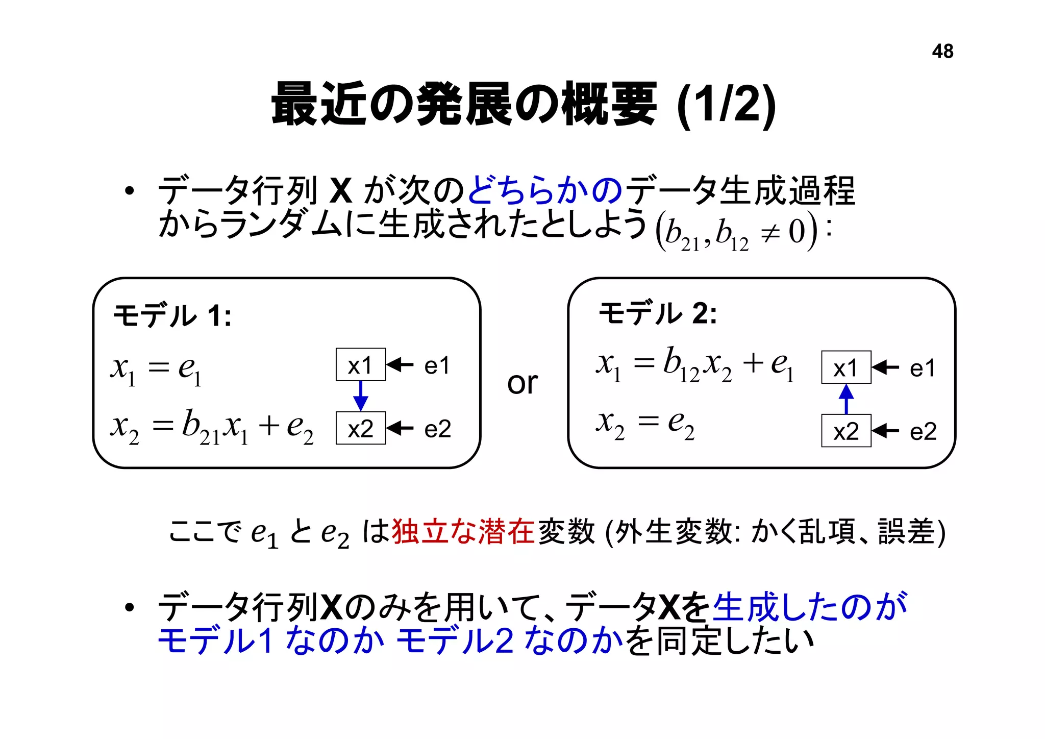 最近の発展の概要 (1/2)
• データ行列 X が次のどちらかのデータ生成過程
からランダムに生成されたとしよう ：
ここで 𝑒1 と 𝑒2 は独立な潜在変数 (外生変数: かく乱項、誤差)
• データ行列Xのみを用いて、データXを生成したのが
モデル1 なのか モデル2 なのかを同定したい
or
21212
11
exbx
ex


22
12121
ex
exbx


モデル 1: モデル 2:
x1
x2
e1
e2
x1
x2
e1
e2
 0, 1221 bb
48
 
