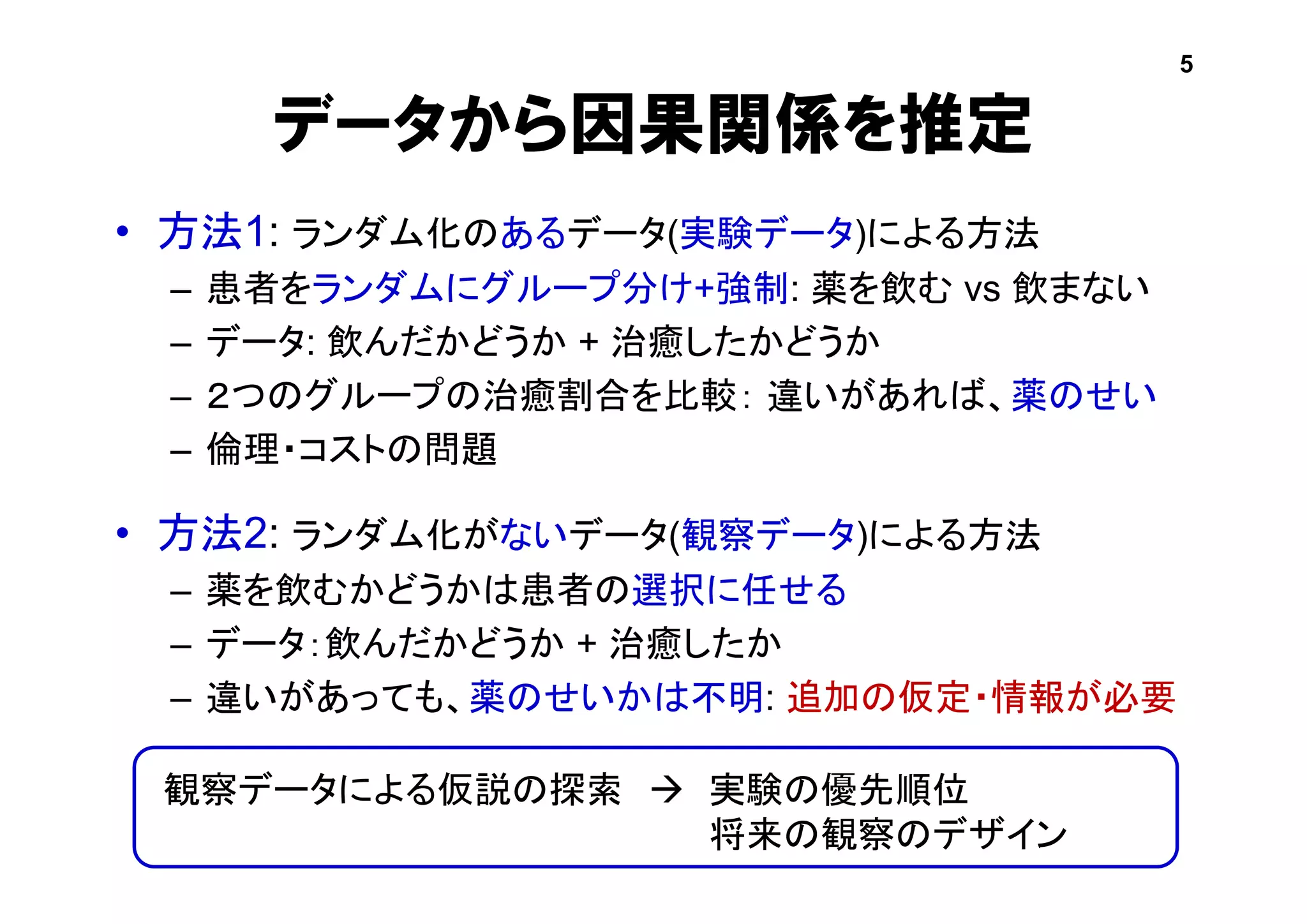 データから因果関係を推定
• 方法1: ランダム化のあるデータ(実験データ)による方法
– 患者をランダムにグループ分け+強制: 薬を飲む vs 飲まない
– データ: 飲んだかどうか + 治癒したかどうか
– ２つのグループの治癒割合を比較： 違いがあれば、薬のせい
– 倫理・コストの問題
• 方法2: ランダム化がないデータ(観察データ)による方法
– 薬を飲むかどうかは患者の選択に任せる
– データ：飲んだかどうか + 治癒したか
– 違いがあっても、薬のせいかは不明: 追加の仮定・情報が必要
実験の優先順位
将来の観察のデザイン
観察データによる仮説の探索 
5
 