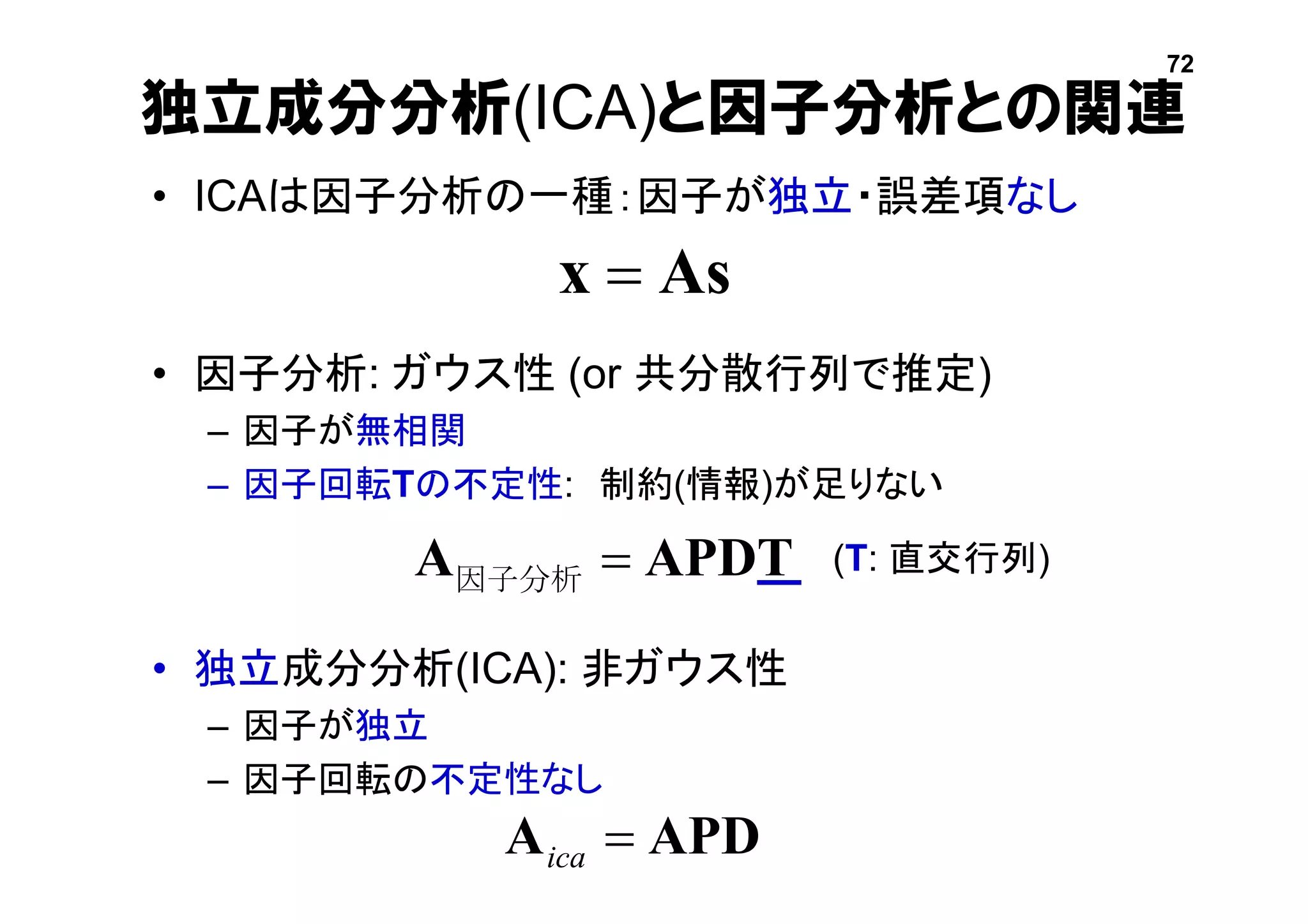 独立成分分析(ICA)と因子分析との関連
• ICAは因子分析の一種：因子が独立・誤差項なし
• 因子分析: ガウス性 (or 共分散行列で推定)
– 因子が無相関
– 因子回転Tの不定性: 制約(情報)が足りない
• 独立成分分析(ICA): 非ガウス性
– 因子が独立
– 因子回転の不定性なし
72
APDA ica
Asx 
APDTA 因子分析
(T: 直交行列)
 