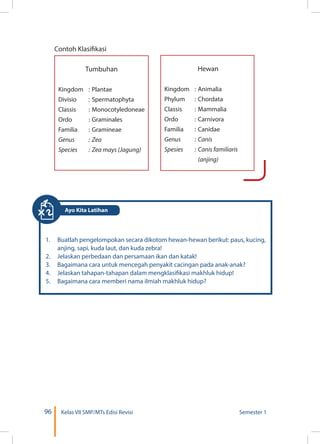 96 Kelas VII SMP/MTs Edisi Revisi Semester 1
Contoh Klasifikasi
Tumbuhan
Kingdom	 :	Plantae
Divisio	 :	Spermatophyta
Classis	 :	Monocotyledoneae
Ordo	 :	Graminales
Familia	 :	Gramineae
Genus	 :	Zea
Species	 :	Zea mays (Jagung)
Hewan
Kingdom	 :	Animalia
Phylum	 :	Chordata
Classis	 :	Mammalia
Ordo	 :	Carnivora
Familia	 :	Canidae
Genus	 :	Canis
Spesies	 :	Canis familiaris
		(anjing)
1.	 Buatlah pengelompokan secara dikotom hewan-hewan berikut: paus, kucing,
anjing, sapi, kuda laut, dan kuda zebra!
2.	 Jelaskan perbedaan dan persamaan ikan dan katak!
3.	 Bagaimana cara untuk mencegah penyakit cacingan pada anak-anak?
4.	 Jelaskan tahapan-tahapan dalam mengklasifikasi makhluk hidup!
5.	 Bagaimana cara memberi nama ilmiah makhluk hidup?
Ayo Kita Latihan
 