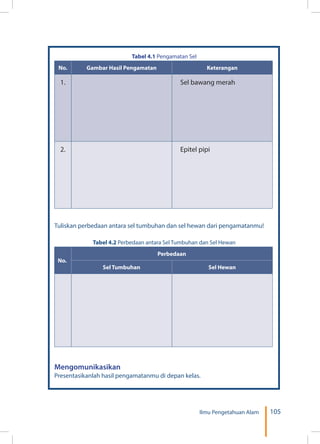 105Ilmu Pengetahuan Alam
Tabel 4.1 Pengamatan Sel
No. Gambar Hasil Pengamatan Keterangan
1. Sel bawang merah
2. Epitel pipi
Tuliskan perbedaan antara sel tumbuhan dan sel hewan dari pengamatanmu!
Tabel 4.2 Perbedaan antara Sel Tumbuhan dan Sel Hewan
No.
Perbedaan
Sel Tumbuhan Sel Hewan
Mengomunikasikan
Presentasikanlah hasil pengamatanmu di depan kelas.
 