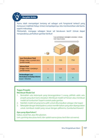107Ilmu Pengetahuan Alam
Kamu telah mempelajari tentang sel sebagai unit fungsional terkecil yang
menyusun makhluk hidup. Untuk mempelajarinya, kita membutuhkan alat bantu
seperti mikroskop.
Pikirkanlah, mengapa sebagian besar sel berukuran kecil? (Untuk dapat
menjawabnya, perhatikan gambar berikut!
Tugas Proyek:
Membuat Model Sel
1.	 Bentuklah satu kelompok yang beranggotakan 5 orang, pilihlah salah satu
proyek yang akan kamu kerjakan: Membuat model sel hewan atau membuat
model sel tumbuhan! Seperti contoh pada gambar.
2.	 Rakitlah model sel yang kamu pilih untuk dikumpulkan sebagai nilai tugas!
3.	 Bekerjalah dengan kelompokmu untuk memilih bahan yang akan dipergunakan
untuk membuat model yang sesuai dengan pilihanmu (tumbuhan/hewan)!
Apa yang diperlukan?
Gabus, tanah liat, atau lilin plastisin.
Lem, gunting atau pisau kecil, dan spidol warna (pisau kecil dan cat warna)
Berpikir Kritis
 