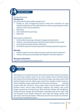 119Ilmu Pengetahuan Alam
Mengamati Serasah
Mengamati
Apa yang perlu disiapkan dalam eksplorasi ini?
1.	 Sampel air yang menggenang beserta serasah dan tumbuhan air yang
dibiarkan beberapa hari (bisa diambil dari air selokan yang terdapat di sekitar
sekolah, rumah, atau persawahan).
2.	Mikroskop.
3.	 Gelas objek dan kaca penutup.
4.	 Pipet tetes.
Apa yang harus dilakukan?
1.	 Ambil sedikit air genangan dengan menggunakan pipet tetes!
2.	 Teteskan satu tetes pada gelas objek dan tutup dengan kaca penutup!
3.	 Amati preparat tersebut dengan mikroskop!
4.	 Gambarlah organisme yang tampak pada mikroskop pada buku tugasmu!
Menalar
1.	 Apakah organisme yang terlihat itu berupa organ dan sistem organnya?
2.	 Tuliskan kesimpulan yang didapat dari kegiatan ini di buku tugasmu!
Mengomunikasikan
Laporkan hasil pengamatan pada gurumu!
KitasebagaimanusiapatutbersyukuratasnikmatyangTuhan berikan.Takadasatu
pun yang Tuhan ciptakan secara sia-sia. Semua ciptaan Tuhan memiliki manfaat
dan fungsi tertentu bagi kehidupan. Mari kita renungkan apa yang sudah Tuhan
ciptakan kepada manusia. Organ-organ yang Tuhan ciptakan sangat sempurna.
Tuhan meletakkan organ-organ tubuh manusia sesuai tempatnya sehingga
tampak indah dan sempurna. Semua organ tubuh manusia terjalin dalam satu
kesatuan tubuh.  Semua organ berfungsi, bergerak, dan bekerja sama sesuai
dengan peranannya masing-masing. Mata berfungsi sebagai alat penglihatan,
telinga berfungsi sebagai alat pendengaran. Bayangkan jika semua organ tidak
mau bergerak sesuai dengan fungsinya, mata ingin jadi telinga, telinga ingin
jadi mulut, kaki ingin jadi kepala. Tidak akan pernah bisa menjadi satu kesatuan,
kecuali Tuhan Yang Maha Pencipta.
Ayo Kita Lakukan
Refleksi
 