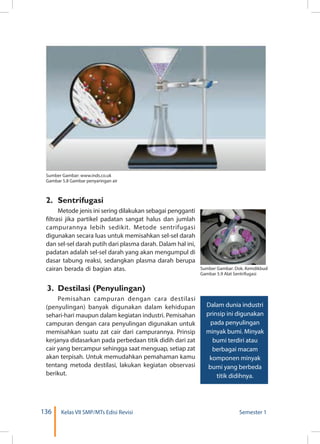 136 Kelas VII SMP/MTs Edisi Revisi Semester 1
Sumber Gambar: www.inds.co.uk
Gambar 5.8 Gambar penyaringan air
2.	Sentrifugasi
Metode jenis ini sering dilakukan sebagai pengganti
filtrasi jika partikel padatan sangat halus dan jumlah
campurannya lebih sedikit. Metode sentrifugasi
digunakan secara luas untuk memisahkan sel-sel darah
dan sel-sel darah putih dari plasma darah. Dalam hal ini,
padatan adalah sel-sel darah yang akan mengumpul di
dasar tabung reaksi, sedangkan plasma darah berupa
cairan berada di bagian atas.
3.	 Destilasi (Penyulingan)
Pemisahan campuran dengan cara destilasi
(penyulingan) banyak digunakan dalam kehidupan
sehari-hari maupun dalam kegiatan industri. Pemisahan
campuran dengan cara penyulingan digunakan untuk
memisahkan suatu zat cair dari campurannya. Prinsip
kerjanya didasarkan pada perbedaan titik didih dari zat
cair yang bercampur sehingga saat menguap, setiap zat
akan terpisah. Untuk memudahkan pemahaman kamu
tentang metoda destilasi, lakukan kegiatan observasi
berikut.
Sumber Gambar: Dok. Kemdikbud
Gambar 5.9 Alat Sentrifugasi
Dalam dunia industri
prinsip ini digunakan
pada penyulingan
minyak bumi. Minyak
bumi terdiri atau
berbagai macam
komponen minyak
bumi yang berbeda
titik didihnya.
 