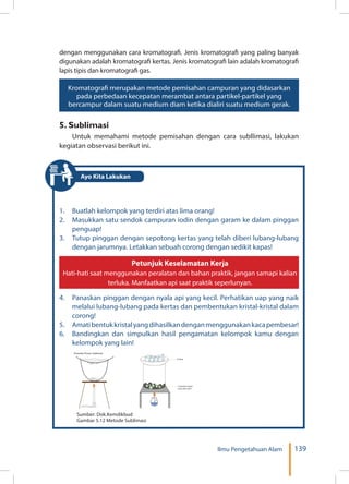 139Ilmu Pengetahuan Alam
dengan menggunakan cara kromatografi. Jenis kromatografi yang paling banyak
digunakan adalah kromatografi kertas. Jenis kromatografi lain adalah kromatografi
lapis tipis dan kromatografi gas.
5. Sublimasi
Untuk memahami metode pemisahan dengan cara subllimasi, lakukan
kegiatan observasi berikut ini.
1.	 Buatlah kelompok yang terdiri atas lima orang!
2.	 Masukkan satu sendok campuran iodin dengan garam ke dalam pinggan
penguap!
3.	 Tutup pinggan dengan sepotong kertas yang telah diberi lubang-lubang
dengan jarumnya. Letakkan sebuah corong dengan sedikit kapas!
4.	 Panaskan pinggan dengan nyala api yang kecil. Perhatikan uap yang naik
melalui lubang-lubang pada kertas dan pembentukan kristal-kristal dalam
corong!
5.	 Amatibentukkristalyangdihasilkandenganmenggunakankacapembesar!
6.	 Bandingkan dan simpulkan hasil pengamatan kelompok kamu dengan
kelompok yang lain!
Kromatografi merupakan metode pemisahan campuran yang didasarkan
pada perbedaan kecepatan merambat antara partikel-partikel yang
bercampur dalam suatu medium diam ketika dialiri suatu medium gerak.
Sumber: Dok.Kemdikbud
Gambar 5.12 Metode Sublimasi
Es Batu
Campuran kapur
barus dan pasir
Prosedur Proses Sublimasi
Petunjuk Keselamatan Kerja
Hati-hati saat menggunakan peralatan dan bahan praktik, jangan samapi kalian
terluka. Manfaatkan api saat praktik seperlunyan.
Ayo Kita Lakukan
 
