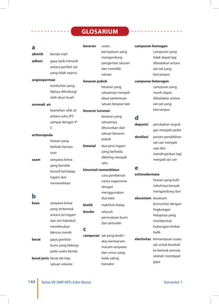 144 Kelas VII SMP/MTs Edisi Revisi Semester 1
GLOSARIUM
a
abiotik 	 benda mati
adhesi 	 gaya tarik menarik
antara partikel zat
yang tidak sejenis
angiospermae 	
tumbuhan yang
bijinya dilindungi
oleh daun buah
anomali air 	
keanehan sifat air
antara suhu 00
C
sampai dengan 40
C
arthoropoda	
hewan yang
berkaki beruas-
ruas
asam 	 senyawa kimia
yang bersifat
korosif terhadap
logam dan
memerahkan
b
basa 	 senyawa kimia
yang terbentuk
antara ion logam
dan ion hidroksil,
membirukan
lakmus merah
berat 	 gaya gravitasi
bumi yang bekerja
pada suatu benda
berat jenis 	berat zat tiap
satuan volume
besaran 	 suatu
pernyataan yang
mengandung
pengertian ukuran
dan memiliki
satuan
besaran pokok 	
besaran yang
satuannya menjadi
dasar penentuan
satuan besaran lain
besaran turunan 	
besaran yang
satuannya
diturunkan dari
satuan besaran
pokok
bimetal 	 dua jenis logam
yang berbeda
dikeling menjadi
satu
binomial nomenklatur	
cara pemberian
nama organisme
dengan
menggunakan
dua kata
biotik 	 makhluk hidup
biosfer 	 seluruh
permukaan bumi
dan atmosfer
c
campuran 	zat yang terdiri
atas bermacam-
macam senyawa
dan unsur yang
tidak saling
bereaksi
campuran homogen 	
campuran yang
tidak dapat lagi
dibedakan antara
zat-zat yang
bercampur
campuran heterogen 	
campuran yang
masih dapat
dibedakan antara
zat-zat yang
bercampur
d
deposisi 	 perubahan wujud
gas menjadi padat
destilasi	 proses pendidihan
zat cair menjadi
uap dan
mendinginkan lagi
menjadi zat cair
e
echinodermata 	
hewan yang kulit
tubuhnya banyak
mengandung duri
ekosistem 	kesatuan
komunitas dengan
lingkungan
hidupnya yang
membentuk
hubungan timbal
balik
elastisitas 	 kemampuan suatu
zat untuk kembali
ke bentuk semula,
setelah mendapat
gaya
 