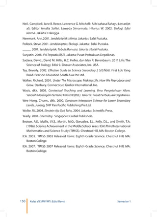 150 Kelas VII SMP/MTs Edisi Revisi Semester 1
Neil . Campbell. Jane B. Reece. Lawrence G. Mitchell : Alih bahasa Rahayu Lestari(et
al): Editor Amalia Safitri. Lemeda Simarmata. Hilarius W. 2002. Biologi. Edisi
kelima. Jakarta: Erlangga.
Newmark. Ann.2001. Jendela Iptek : Kimia. Jakarta : Balai Pustaka.
Pollock. Steve. 2001. Jendela Iptek : Ekologi. Jakarta : Balai Pustaka.
_____. 2001. Jendela Iptek: Tubuh Manusia. Jakarta : Balai Pustaka.
Suryatin. 2008. IPA Terpadu (BSE). Jakarta: Pusat Perbukuan Depdiknas.
Sadava, David., David M. Hillis, H.C. Heller, dan May R. Berenbaum. 2011.Life: The
Science of Biology, Edisi 9. Sinauer Associates, Inc. USA.
Tay, Beverly. 2002. Effective Guide to Science Secondary 2 S/E/N(A). First Lok Yang
Road. Pearson Education South Asia Pte Ltd.
Walker. Richard. 2001. Under The Microscope: Making Life. How We Reproduce and
Grow. Danbury. Connecticut: Grolier International. Inc.
Wasis, dkk. 2008. Contextual Teaching and Learning. Ilmu Pengetahuan Alam.
Sekolah Menengah Pertama Kelas VII (BSE). Jakarta: Pusat Perbukuan Depdiknas.
Wee Hong, Chuen., dkk. 2000. Spectrum Interactive Science for Lower Secondary
Levels. Jurong, SNP Pan Pacific Publishing Pre Ltd.
Wolke. R.L.2004. Einstein Aja Gak Tahu. 2004. Jakarta : Scientific Press.
Yearly. 2008. Chemistry. Singapore: Global Publishers.
Beaton, A.E., Mullis, I.V.S., Martin, M.O., Gonzalez, E.J., Kelly, D.L., and Smith, T.A.
(1996).ScienceAchievementintheMiddleSchoolYears:IEA’sThirdInternational
Mathematics and Science Study (TIMSS). Chestnut Hill, MA: Boston College.
IEA. 2003. TIMSS 2003 Released Items: Eighth Grade Science. Chestnut Hill, MA:
Boston College.
IEA. 2007. TIMSS 2007 Released Items: Eighth Grade Science. Chestnut Hill, MA:
Boston College.
 