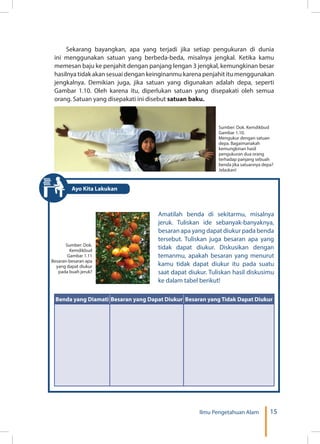 15Ilmu Pengetahuan Alam
Sekarang bayangkan, apa yang terjadi jika setiap pengukuran di dunia
ini menggunakan satuan yang berbeda-beda, misalnya jengkal. Ketika kamu
memesan baju ke penjahit dengan panjang lengan 3 jengkal, kemungkinan besar
hasilnya tidak akan sesuai dengan keinginanmu karena penjahit itu menggunakan
jengkalnya. Demikian juga, jika satuan yang digunakan adalah depa, seperti
Gambar 1.10. Oleh karena itu, diperlukan satuan yang disepakati oleh semua
orang. Satuan yang disepakati ini disebut satuan baku.
Sumber: Dok. Kemdikbud
Gambar 1.10.
Mengukur dengan satuan
depa. Bagaimanakah
kemungkinan hasil
pengukuran dua orang
terhadap panjang sebuah
benda jika satuannya depa?
Jelaskan!
Amatilah benda di sekitarmu, misalnya
jeruk. Tuliskan ide sebanyak-banyaknya,
besaran apa yang dapat diukur pada benda
tersebut. Tuliskan juga besaran apa yang
tidak dapat diukur. Diskusikan dengan
temanmu, apakah besaran yang menurut
kamu tidak dapat diukur itu pada suatu
saat dapat diukur. Tuliskan hasil diskusimu
ke dalam tabel berikut!
Benda yang Diamati Besaran yang Dapat Diukur Besaran yang Tidak Dapat Diukur
Sumber: Dok.
Kemdikbud
Gambar 1.11
Besaran-besaran apa
yang dapat diukur
pada buah jeruk?
Ayo Kita Lakukan
 