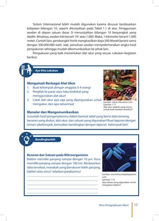 17Ilmu Pengetahuan Alam
Sistem Internasional lebih mudah digunakan karena disusun berdasarkan
kelipatan bilangan 10, seperti ditunjukkan pada Tabel 1.1 di atas. Penggunaan
awalan di depan satuan dasar SI menunjukkan bilangan 10 berpangkat yang
dipilih. Misalnya, awalan kilo berarti 103
atau 1.000. Maka, 1 kilometer berarti 1.000
meter. Contoh lain, pembangkit listrik menghasilkan daya 500 Mwatt berarti sama
dengan 500.000.000 watt. Jadi, penulisan awalan menyederhanakan angka hasil
pengukuran sehingga mudah dikomunikasikan ke pihak lain.
Pengukuran yang baik memerlukan alat ukur yang sesuai. Lakukan kegiatan
berikut.
Mengamati Berbagai Alat Ukur
1.	 Buat kelompok dengan anggota 3-4 orang!
2.	 Pergilah ke pasar atau toko terdekat yang
menggunakan alat ukur!
3.	 Catat alat ukur apa saja yang dipergunakan untuk
mengukur, dan apa satuannya!
Menalar dan Mengomunikasikan	
Susunlah hasil pengamatanmu dalam bentuk tabel yang berisi data tentang
besaran yang diukur, alat ukur, dan satuan yang digunakan! Buat laporan dengan
teman sekelompok, kemudian bandingkan dengan laporan kelompok lain!
Sumber: www tribunews com
Gambar 1.13
Alat ukur apakah yang sesuai
untuk buah-buahan tersebut?
Bandingkanlah
Besaran dan Satuan pada Mikroorganisme
Bakteri memiliki panjang sampai dengan 10 µm. Virus
memiliki panjang sampai dengan 100 nm. Berdasarkan
data tersebut, manakah yang berukuran lebih panjang,
bakteri atau virus? Jelaskan jawabanmu!
				
	
Sumber: www.thecompletepatient.
com
Gambar 1.14
Apa satuan yang digunakan untuk
mengukur bakteri?
Ayo Kita Lakukan
 