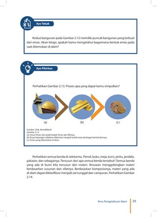 39Ilmu Pengetahuan Alam
Kedua bangunan pada Gambar 2.12 memiliki puncak bangunan yang terbuat
dari emas. Akan tetapi, apakah kamu mengetahui bagaimana bentuk emas pada
saat ditemukan di alam?
Ayo Tebak
Sumber: Dok. Kemdikbud
Gambar 2.13
(a) Unsur Emas (Au) pada Kubah Emas dan Monas;
(b) Emas batangan sebelum dibentuk menjadi kubah atau berbagai bentuk lainnya;
(c); Emas yang ditemukan di alam.
Perhatikan Gambar 2.13. Proses apa yang dapat kamu simpulkan?
Ayo Pikirkan
(a) (b) (c)
Perhatikan semua benda di sekitarmu. Pensil, buku, meja, kursi, pintu, jendela,
pakaian, dan sebagainya. Tersusun dari apa semua benda tersebut? Semua benda
yang ada di bumi kita tersusun dari materi. Ilmuwan menggolongkan materi
berdasarkan susunan dan sifatnya. Berdasarkan komposisinya, materi yang ada
di alam dapat diklasifikasi menjadi zat tunggal dan campuran. Perhatikan Gambar
2.14.
 