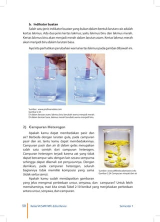 50 Kelas VII SMP/MTs Edisi Revisi Semester 1
Sumber: www.profmarsolais.com
Gambar 2.23
Di dalam larutan asam, lakmus biru berubah warna menjadi merah.
Di dalam larutan basa, lakmus merah berubah warna menjadi biru.
Sumber: www.differebcebetween.info
Gambar 2.24 Campuran minyak dan air
b.	 Indikator buatan
Salah satu jenis indikator buatan yang bukan dalam bentuk larutan cair adalah
kertas lakmus. Ada dua jenis kertas lakmus, yaitu lakmus biru dan lakmus merah.
Kertas lakmus biru akan menjadi merah dalam larutan asam. Kertas lakmus merah
akan menjadi biru dalam larutan basa.
Ayokitaperhatikanperubahanwarnakertaslakmuspadagambardibawahini.
2)	 Campuran Heterogen
Apakah kamu dapat membedakan pasir dan
air? Berbeda dengan larutan gula, pada campuran
pasir dan air, tentu kamu dapat membedakannya.
Campuran pasir dan air di dalam gelas merupakan
salah satu contoh dari campuran heterogen.
Campuran heterogen terjadi karena zat yang tidak
dapat bercampur satu dengan lain secara sempurna
sehingga dapat dikenali zat penyusunnya. Dengan
demikian, pada campuran heterogen, seluruh
bagiannya tidak memiliki komposisi yang sama
(tidak serba sama).
Apakah kamu sudah mendapatkan gambaran
yang jelas mengenai perbedaan unsur, senyawa, dan campuran? Untuk lebih
memahaminya, mari kita simak Tabel 2.10 berikut yang menjelaskan perbedaan
antara unsur, senyawa, dan campuran.
 