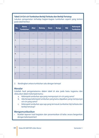 84 Kelas VII SMP/MTs Edisi Revisi Semester 1
Tabel 3.4 Ciri-ciri Tumbuhan Berbiji Terbuka dan Berbiji Tertutup
Lakukan pengamatan terhadap bagian-bagian tumbuhan seperti yang tertera
pada tabel berikut.
2.	 Bandingkan antara tumbuhan satu dengan lainnya!
Menalar
Catatlah hasil pengamatanmu dalam tabel di atas pada buku tugasmu dan
diskusikan dalam kelompok kamu:
	 a.	 Kelompok tumbuhan apa yang mempunyai ciri-ciri yang sama?
	 b.	 Ada berapa kelompok tumbuhan yang kamu dapatkan yang mempunyai
ciri-ciri yang sama?
	 c.	 Kelompok tumbuhan apa saja yang termasuk tumbuhan biji terbuka dan
berbiji tertutup?
Mengomunikasikan
•	 Buatlah laporan hasil kegiatan dan presentasikan di kelas secara bergantian
dengan kelompok lain!
No.
Nama
Tumbuhan
Akar Batang Daun Bunga Biji
Kelompok
Tumbuhan
1. … … … … … … …
2. … … … … … … …
3. … … … … … … …
4. … … … … … … …
5 … … … … … … …
6 … … … … … … …
7 … … … … … … …
 