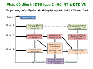Phác đồ điều trị ĐTĐ type 2 –Hôị NT & ĐTĐ VN
Bước 1
Bước 2
Bước 3
Bước 4
Chuyển sang bước tiếp theo khi không đạt mục tiêu HbA1c<7% sau 12 tuần
 