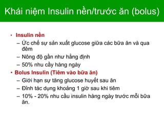Khái niệm Insulin nền/trước ăn (bolus)
• Insulin nền
– Ức chế sự sản xuất glucose giữa các bữa ăn và qua
đêm
– Nông độ gần như hằng định
– 50% nhu cầy hàng ngày
• Bolus Insulin (Tiêm vào bữa ăn)
– Giới hạn sự tăng glucose huyết sau ăn
– Đỉnh tác dụng khoảng 1 giờ sau khi tiêm
– 10% - 20% nhu cầu insulin hàng ngày trước mỗi bữa
ăn.
6-
 