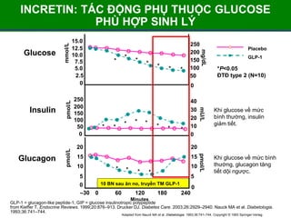 INCRETIN: TÁC ĐỘNG PHỤ THUỘC GLUCOSE
PHÙ HỢP SINH LÝ
GLP-1 = glucagon-like peptide-1; GIP = glucose insulinotropic polypeptide
from Kieffer T. Endocrine Reviews. 1999;20:876–913. Drucker DJ. Diabetes Care. 2003;26:2929–2940. Nauck MA et al. Diabetologia.
1993;36:741–744.
Khi glucose về mức bình
thường, glucagon tăng
tiết dội ngược.
Khi glucose về mức
bình thường, insulin
giảm tiết.
*P<0.05
ĐTĐ type 2 (N=10)
*
*
*
* * * *
* ** *
* * *
*
10 BN sau ăn no, truyền TM GLP-1
* * * *
GLP-1
Placebo
Adapted from Nauck MA et al. Diabetologia. 1993;36:741–744. Copyright © 1993 Springer-Verlag.
Minutes
0 60 120 180 240
0
250
200
150
100
50
mg/dL
40
30
20
10
0
mU/Lpmol/L
20
15
10
5
0
Glucose
Glucagon
mmol/L
15.0
12.5
10.0
7.5
5.0pmol/L
250
200
150
100
50
pmol/L
20
15
10
5
Insulin
2.5
0
0
0
–30
 