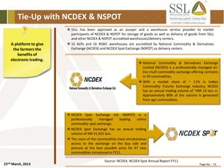 22nd March, 2013 Page No. : 15
Tie-Up with NCDEX & NSPOT
A platform to give
the farmers the
benefits of
electronic trading.
 SSLL has been approved as an assayer and a warehouse service provider to market
participants of NCDEX & NSPOT for storage of goods as well as delivery of goods from SSLL
and other NCDEX & NSPOT accredited warehouses/delivery centers.
 15 ALPs and 16 RSWC warehouses are accredited by National Commodity & Derivatives
Exchange (NCDEX) and NCDEX Spot Exchange (NSPOT) as delivery centers.
 National Commodity & Derivatives Exchange
Limited (NCDEX) is a professionally managed on-
line multi commodity exchange offering contracts
in 59 commodities.
 With a market share of ~ 11% in Indian
Commodity Futures Exchange Industry, NCDEX
has an annual trading volume of ~INR 14 lacs cr.
Approximately 80% of the volume is generated
from agri commodities.
 NCDEX Spot Exchange Ltd. (NSPOT) is a
professionally managed leading online
commodity spot exchange.
 NCDEX Spot Exchange has an annual trading
volume of INR 31,922 lacs.
 The users of the commodities have simultaneous
access to the exchange on the buy side and
procure at the best possible price for 47 new
commodities introduced in FY11.
Source: NCDEX, NCDEX Spot Annual Report FY11.
 