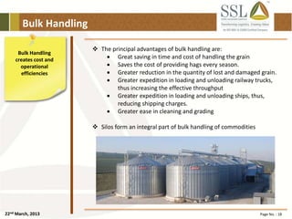 22nd March, 2013 Page No. : 18
Bulk Handling
Bulk Handling
creates cost and
operational
efficiencies
 The principal advantages of bulk handling are:
 Great saving in time and cost of handling the grain
 Saves the cost of providing hags every season.
 Greater reduction in the quantity of lost and damaged grain.
 Greater expedition in loading and unloading railway trucks,
thus increasing the effective throughput
 Greater expedition in loading and unloading ships, thus,
reducing shipping charges.
 Greater ease in cleaning and grading
 Silos form an integral part of bulk handling of commodities
 