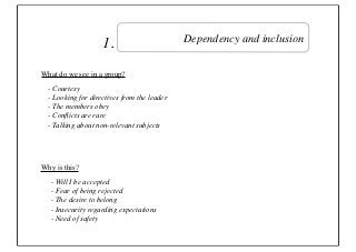 1.                       Dependency and inclusion


What do we see in a group?
  - Courtesy
  - Looking for directives from the leader
  - The members obey
  - Conﬂicts are rare
  - Talking about non-relevant subjects




Why is this?
   - Will I be accepted
   - Fear of being rejected
   - The desire to belong
   - Insecurity regarding expectations
   - Need of safety
 