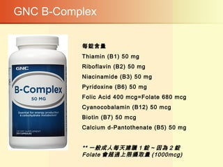 GNC B-Complex
每錠含量
Thiamin (B1) 50 mg
Riboflavin (B2) 50 mg
Niacinamide (B3) 50 mg
Pyridoxine (B6) 50 mg
Folic Acid 400 mcg=Folate 680 mcg
Cyanocobalamin (B12) 50 mcg
Biotin (B7) 50 mcg
Calcium d-Pantothenate (B5) 50 mg
** 一般成人每天建議 1 錠 ~ 因為 2 錠
Folate 會超過上限攝取量 (1000mcg)
 