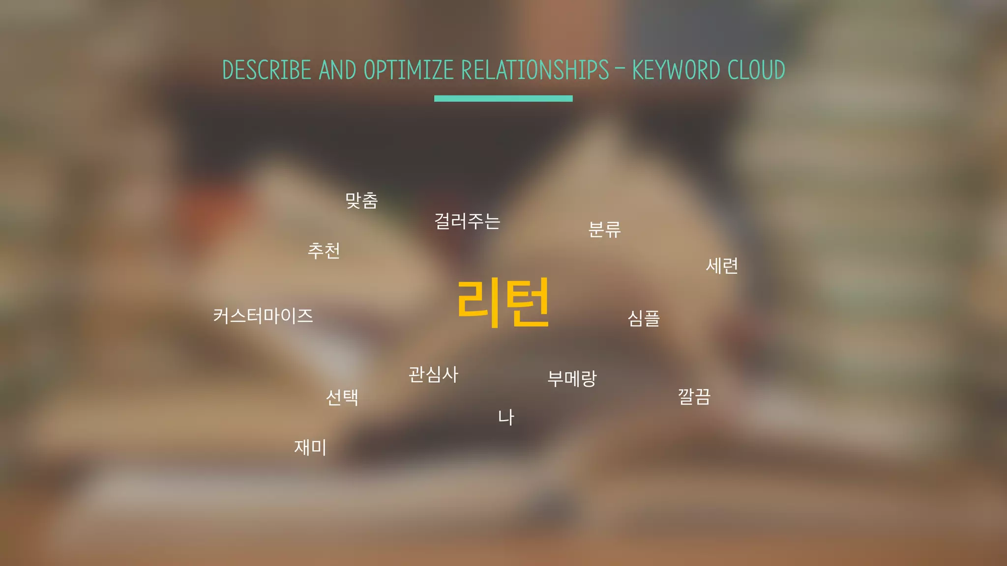 DESCRIBE AND OPTIMIZE RELATIONSHIPS ­ KEYWORD CLOUD
리턴
걸러주는
관심사
커스터마이즈
맞춤
추천
심플
세련
깔끔
분류
나
선택
재미
부메랑
 
