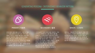 GENERATING PERSONA : INTERVIEWEE BEHAVIOR PATTERN
콘텐츠형의 북마크를 모은다. 제때 읽어볼
수가 없을 경우가 더 많아 일단 북마크를
해놓는 편이다. 다양한 출처에서 콘텐츠를
받는데 기본적인 크롬 url 북마크 외에도
페이스북 save, 트위터 관심글 등 각
서비스에 맞는 방식으로 저장해 둔다. 리턴을
해서 읽고자 하더라도 북마크가 자꾸
쌓인다는 느낌을 받는다. 좋은 내용을 읽으면
친구들에게 그때그때 공유를 한다.
그때 필요한 자료의 북마크를 저장한다. 주로
과목이나 과제명으로 크롬 북마크 폴더를
만들어서 그 안에 모은다. 북마크의 주제가
확실한 편이고 이미 있는 북마크 외에도 연관
자료검색을 필요로 한다. 그리고 필요한
시기가 지나면 폴더 자체를 삭제한다. 필요에
의해서 북마크를 하기 때문에 과제할 때가
아니면 잘 찾지 않는다. 조모임의 경우
폴더안의 링크를 하나하나 복사해서
카톡방에 붙여넣는 방식으로 공유한다.
북마크는 지름길에 지나지 않는다. 정말 자주
가는 사이트나 학생의 경후 학교 포털과 같이
일상에 없어서는 안되는 사이트가 북마크
되어있다. 북마크 바를 넘어가는 것(메뉴로
저장)을 싫어해서 혹시라도 갯수가 늘어나지
않도록 자주 정리한다.
PRIMARY / 다람쥐 SECONDARY / 철새 MINOR / 스프린터
 