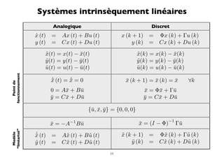 Systèmes intrinsèquement linéaires
                          Analogique                                    Discret
                 x (t)
                 ˙       =   Ax (t) + Bu (t)            x (k + 1)      =   Φx (k) + Γu (k)
                 y (t)   =   Cx (t) + Du (t)                y (k)      =   Cx (k) + Du (k)

                     x(t) = x(t) − x(t)
                     ˜              ¯                             x(k) = x(k) − x(k)
                                                                  ˜              ¯
                     y (t) = y(t) − y (t)
                     ˜              ¯                             y (k) = y(k) − y (k)
                                                                  ˜              ¯
                     u(t) = u(t) − u(t)
                     ˜              ¯                             u(k) = u(k) − u(k)
                                                                  ˜              ¯
fonctionnement




                         ˙       ˙
                         x (t) = x = 0
                         ¯       ¯                        x (k + 1) = x (k) = x
                                                          ¯           ¯       ¯           ∀k
    Point de




                         0 = A¯ + B u
                               x    ¯                               x = Φ¯ + Γ¯
                                                                    ¯     x    u
                         y = C x + D¯
                         ¯     ¯    u                               y = C x + D¯
                                                                    ¯     ¯    u

                                         {¯, x, y } = {0, 0, 0}
                                          u ¯ ¯
                                                                                −1
                         x = −A−1 B u
                         ¯          ¯                             x = (I − Φ)
                                                                  ¯                  Γ¯
                                                                                      u
“linéarisé”




                 ˙
                 x (t)
                 ˜       =   A˜ (t) + B u (t)
                                        ˜               x (k + 1) = Φ˜ (k) + Γ˜ (k)
                                                        ˜
  Modèle




                               x                                      x        u
                 y (t)
                 ˜       =   C x (t) + D˜ (t)
                               ˜        u                   y (k) = C x (k) + D˜ (k)
                                                             ˜        ˜        u
                                                   11
 
