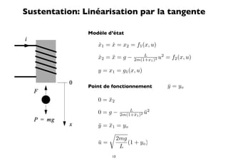 Sustentation: Linéarisation par la tangente

               Modèle d’état

                  x1 = x = x2 = f1 (x, u)
                  ˙    ˙

                  x2 = x = g −
                  ˙    ¨              L
                                  2m(1+x1 ) 2u
                                               2
                                                   = f2 (x, u)

                  y = x1 = g1 (x, u)

               Point de fonctionnement             y = yo
                                                   ¯

                  0 = x2
                      ¯

                  0=g−          L
                            2m(1+¯1 )
                                  x    ¯2
                                      2u



                  y = x1 = yo
                  ¯ ¯
                      
                         2mg
                  u=
                  ¯          (1 + yo )
                          L
                       13
 