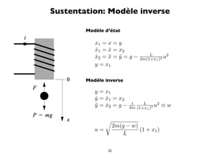 Sustentation: Modèle inverse

        Modèle d’état

           x1 = x = y
           x1 = x = x2
           ˙    ˙
           x2 = x = y = g −
           ˙    ¨ ¨                 L
                                2m(1+x1 )2 u
                                             2

           y = x1

        Modèle inverse

           y = x1
           y = x1 = x2
           ˙   ˙
           y = x2 = g −
           ¨ ˙              1    L
                           2m (1+x1 ) 2u
                                         2
                                             ≡w

                
                     2m(g − w)
           u=                  (1 + x1 )
                        L

                22
 