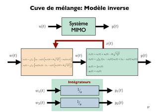 Cuve de mélange: Modèle inverse


                                     u(t)
                                                                              Système                                    y(t)
                                                                               MIMO

                                                                                                                  x(t)
                                                                                                                         
                                                                                            
                                                                                             x1 (t) = u1 (t) + u2 (t) − K x1 (t)
                                                                                              ˙
w(t)                                                                           u(t)   
                                                                                            
                                                                                            
                                                                                                                               S
                                                                                                                                                           y(t)
       
        u1 (t) =      1
                                 [c2 − x2 (t)] w1 (t)S + K x1S
                                                             (t)
                                                                   − w2 (t)x1 (t)            x2 (t) = x11 {[c1 − x2 (t)] u1 (t) + [c2 − x2 (t)] u2 (t)}
                                                                                              ˙          (t)
                   c2 −c1
       
                                                                            
       
        u (t) =       1
                                 w2 (t)x1 (t) − [c1 − x2 (t)] w1 (t)S + K x1S
                                                                            (t)             
        2          c2 −c1                                                                   y1 (t) = S x1 (t)
                                                                                                       1
                                                                                            
                                                                                            
                                                                                             y (t) = x (t)
                                                                                               2        2




                                                                            Intégrateurs

                                 w1 (t)                                               1/                                    y1 (t)
                                                                                        s

                                 w2 (t)                                              1/                                      y2 (t)
                                                                                       s
                                                                                                                                                              27
 