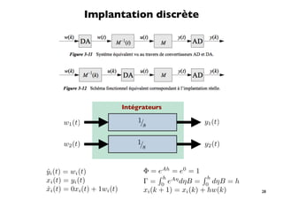 Implantation discrète




                             Intégrateurs

      w1 (t)                     1/                 y1 (t)
                                   s

      w2 (t)                     1/                 y2 (t)
                                   s


yi (t) = wi (t)
˙                                  Φ = eAh = e0 = 1
                                          h Aη        h
xi (t) = yi (t)                    Γ = 0 e dηB = 0 dηB = h
xi (t) = 0xi (t) + 1wi (t)
˙                                  xi (k + 1) = xi (k) + hw(k)   28
 