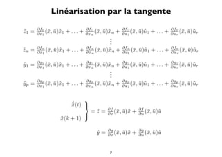 Linéarisation par la tangente

       ∂f1                      ∂f1                ∂f1                      ∂f1
z1 =
˜      ∂x1 (¯, u)˜1
            x ¯x      + ... +   ∂xn (¯, u)˜n
                                     x ¯x      +   ∂u1 (¯, u)˜1
                                                        x ¯u      + ... +   ∂ur (¯, u)˜r
                                                                                 x ¯u
                                       .
                                       .
                                       .
zn = ∂fn (¯, u)˜1 + . . . + ∂xn (¯, u)˜n +
˜    ∂x1  x ¯x              ∂f
                               n
                                 x ¯x              ∂fn
                                                   ∂u1 (¯, u)˜1
                                                        x ¯u      + ... +   ∂fn
                                                                            ∂ur (¯, u)˜r
                                                                                 x ¯u

       ∂g1                      ∂g1                ∂g1                      ∂g1
y1 =
˜      ∂x1 (¯, u)˜1
            x ¯x      + ... +   ∂xn (¯, u)˜n
                                     x ¯x      +   ∂u1 (¯, u)˜1
                                                        x ¯u      + ... +   ∂ur (¯, u)˜r
                                                                                 x ¯u
                                       .
                                       .
                                       .
     ∂g                     ∂gp                    ∂gp                      ∂gp
yp = ∂xp (¯, u)˜1 + . . . + ∂xn (¯, u)˜n +
˜       1
          x ¯x                   x ¯x              ∂u1 (¯, u)˜1
                                                        x ¯u      + ... +   ∂ur (¯, u)˜r
                                                                                 x ¯u

                             
                        ˙
                        x(t) 
                        ˜
                                          ∂f               ∂f
                                    =z=
                                     ˜    ∂x (¯, u)˜
                                              x ¯x     +   ∂u (¯, u)˜
                                                               x ¯u
                                
                 x(k + 1)
                 ˜

                                          ∂g               ∂g
                                     y=
                                     ˜    ∂x (¯, u)˜
                                              x ¯x     +   ∂u (¯, u)˜
                                                               x ¯u


                                          7
 