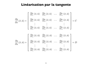 Linéarisation par la tangente
               ∂g1            ∂g1                  ∂g1
                                                                   
                ∂x1   (¯, u)
                       x ¯     ∂x2   (¯, u)
                                      x ¯     ...   ∂xn   (¯, u)
                                                           x ¯
                                                                
                                                                
∂g             ∂g2
                      (¯, u)
                       x ¯     ∂g2
                                     (¯, u)
                                      x ¯     ...   ∂g2
                                                          (¯, u)  = C
                                                           x ¯ 
   (¯, u) = 
    x ¯        ∂x1            ∂x2                  ∂xn
                                                                 
∂x                   .
                      .              .
                                     .                    .
                                                          .      
                     .              .                    .      
                ∂gp            ∂gp                  ∂gp
                ∂x1   (¯, u)
                       x ¯     ∂x2   (¯, u)
                                      x ¯     ...   ∂xn   (¯, u)
                                                           x ¯

               ∂g1            ∂g1                  ∂g1
                                                                   
                ∂u1   (¯, u)
                       x ¯     ∂u2   (¯, u)
                                      x ¯     ...   ∂ur   (¯, u)
                                                           x ¯
                                                                
                                                                
∂g             ∂g2
                      (¯, u)
                       x ¯     ∂g2
                                     (¯, u)
                                      x ¯     ...   ∂g2
                                                          (¯, u)  = D
                                                           x ¯ 
   (¯, u) = 
    x ¯        ∂u1            ∂u2                  ∂ur
                                                                 
∂u                   .
                      .              .
                                     .                    .
                                                          .      
                     .              .                    .      
                ∂gp            ∂gp                  ∂gp
                ∂u1   (¯, u)
                       x ¯     ∂u2   (¯, u)
                                      x ¯     ...   ∂ur   (¯, u)
                                                           x ¯




                                     9
 