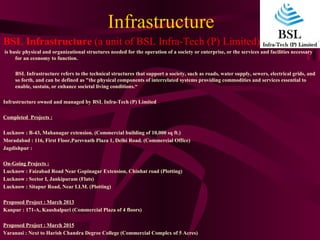 Infrastructure
BSL Infrastructure (a unit of BSL Infra-Tech (P) Limited)
is basic physical and organizational structures n...