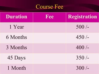 Course Fee
Duration      Fee       Registration
 1 Year                    500 /-
6 Months                   450 /-
3 Mont...