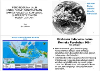 •   Hidrosfer
                                                                              •   Biosfer
    PENGINDERAAN JAUH                                                         •   Lithosfer
                                                                                  Lith f
UNTUK SURVEI DAN PEMETAAN:                                                    •   Atmosfer
DAMPAK PERUBAHAN IKLIM G O
                        GLOBAL                                                •   Antroposfer
    SUMBER DAYA WILAYAH
       PESISIR DAN LAUT


                    Oleh
               Aris Poniman


                                                                                        2




    NEGARA KESATUAN REPUBLIK INDONESIA
                  (NKRI)                     Kekhasan Indonesia dalam
                                              Konteks Perubahan Iklim
                               