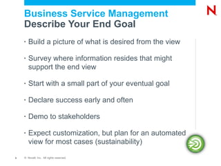 Business Service Management
    Describe Your End Goal
    •   Build a picture of what is desired from the view

    •   Survey where information resides that might
        support the end view

    •   Start with a small part of your eventual goal

    •   Declare success early and often

    •   Demo to stakeholders

    •   Expect customization, but plan for an automated
        view for most cases (sustainability)

5   © Novell, Inc. All rights reserved.
 